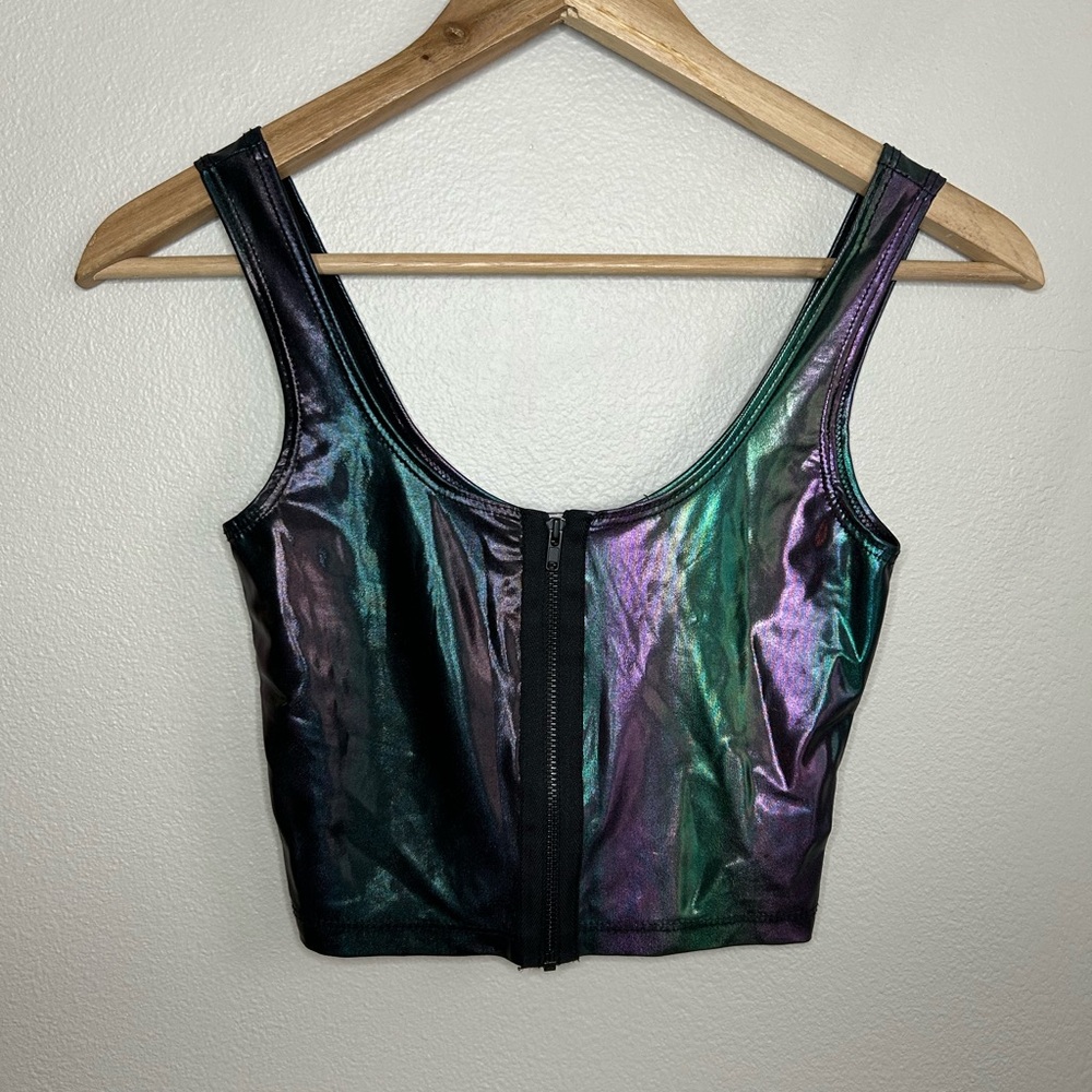 Urban Outfitters Out From Under Metallic Iridescent Crop Tank Top Full Zip XS